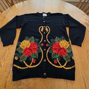 Vintage Marisa Christina Christmas Cardigan Black Red Poinsettias Gold Rope S